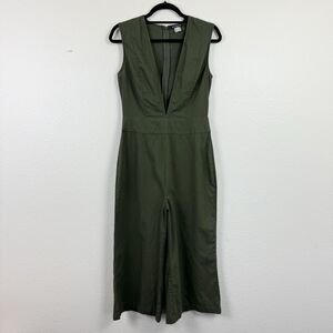 Venus Sleeveless V-Neck Wide Leg Cropped Jumpsuit Linen Cotton Olive Green 6